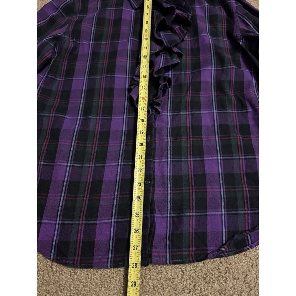 RALPH LAUREN Button Shirt LARGE Purple Plaid Ruffle Front Academia Victorian - Picture 10 of 10